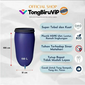 150L Tong Air Biru + Kran – Plastik Tebal & Kuat dengan Tutup Seal & O-Ring Anti Bocor