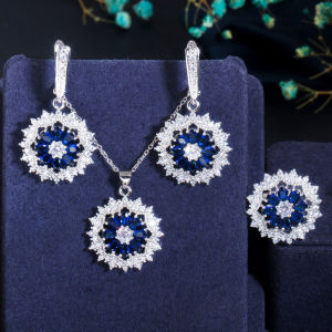 SEQUITO High Quality White Gold Plating Paved Setting Bling Multicolor Cubic Zircon Flower Pendant Necklace Earrings Rings Set Temperament Women Jewelry Set Accessories SJ368