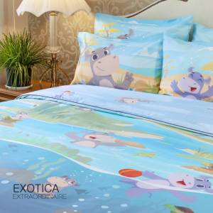 EXOTICA ชุดผ้าปูที่นอนรัดมุม+ปลอกหมอนหนุน ลาย Hippopofamus ที่นอน 6 ฟุต / 5 ฟุต / 3.5 ฟุต (ผ้าปู ปลอกหมอน)