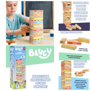 Authentic BLUEY 8th Wonder Wooden Tumbling Tower Jenga Game with Genuine Hardwood Blocks Family Stacking Tower Board Game for 1 or More Player