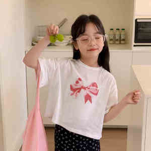 Korean  T-shirts for Kids Girls Summer Fit T-shirt Bowknot  Top Short Sleeve Cotton Tops Tee New Cute T-shirt 130-160cm