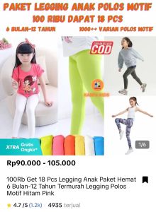 100Rb Get 18 Pcs Legging Anak Paket Hemat 6 Bulan-12 Tahun Termurah Legging Polos Motif Hitam Pink Putih