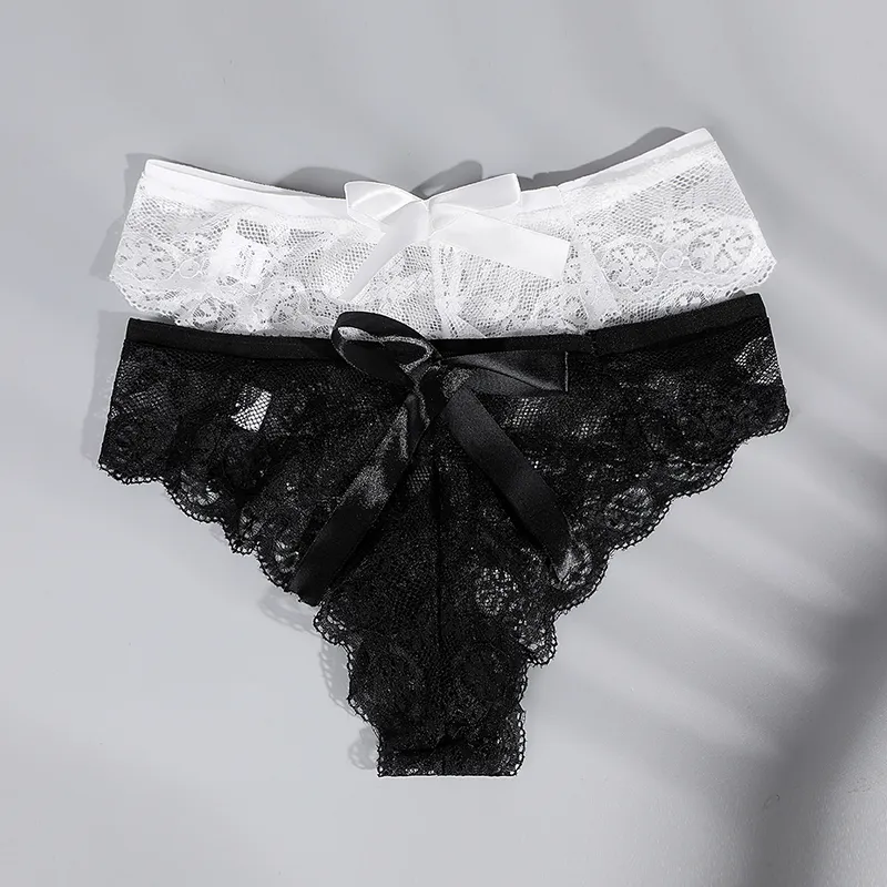 Women Sexy Lace String Panties Plus Size Black Hollow Bow Cute