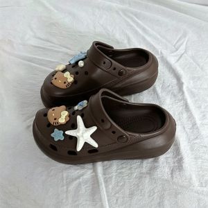 [Free Shipping] Puffy Platform Clogs Height-Increasing Trendy Cute Non-Slip Fashionable With A Closed-Toe Design Cartoon-Themed Student Slippers With Internal Height Enhancement