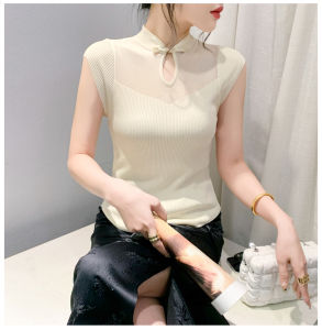 REHIN Plate buckle beaded short-sleeved T-shirt plain solid color niche Slimelegant knitwear womens top