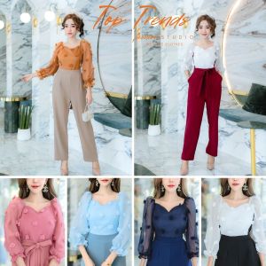 Top JL38 จั้มสูทขายาว แขนสี่ส่วน ปอม S32-35in M36-38in L40-42in XXL44-46in ชุดผู้หญิง จั้มสูทสาวอวบ เสื้อผ้าสาวอวบ แฟชั่นสาวอวบ