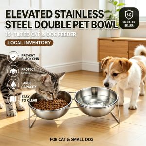 Elevated Stainless Steel Double Pet Bowl 15 Degree Tilt Design Removable Bowl Large Capacity Cat Dog Food Water Feeder