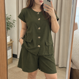 WOMEN’S COTTON SPANDEX TERNO COORDINATES SET | BUTTON-FRONT TOP WITH POCKETS & KNEE-LENGTH SHORTS | CASUAL COMFY OUTFIT | S-M TO 2XL-3XL