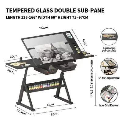 GN Drafting Glass Table Height Adjustable Drawing Table Extra Side Drawers with Leather Stool