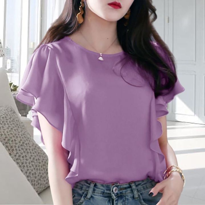 Luxqlo Purple Blouse Women Short Sleeve Ruffle Tops Korean Style ...