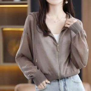 Women Ice Silk Hooded Zipper Sunscreen Coat Summer Loose Air Conditioning Long Sleeve Knitted Jacket Top Cardigan