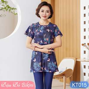 Bộ bơi trung niên dáng váy có khoá kéo trước quần bơi dài qua gối kín đáo có size lớn cho các mẹ & các bà béo mập | KT015
