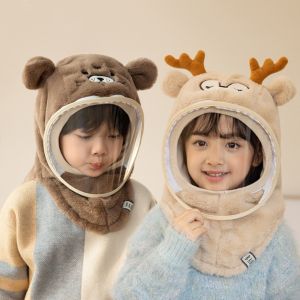 WININ Cartoon Kids  Integrated Hat Plush Thickened Fleece Hooded Hat Cute with Detachable Windshield Windproof Head Caps