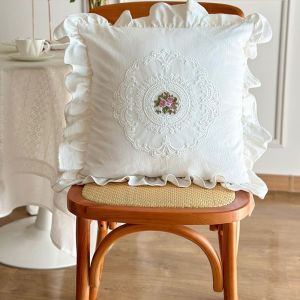 PARKOUR Soft French Lace Pillow Cover with Lotus Frill Washed Material White Cotton Pillow Case Home Decor Comfortable Pillow Shell for Adult Children