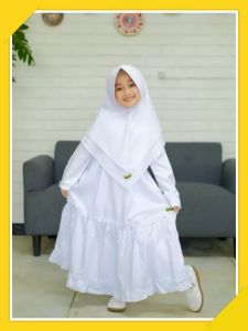 Gamis putih anak plus kerudung/Setelan Putih anak/Dress anak kekinian/Baju manasik haji anak
