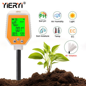 Yieryi Máy đo độ ẩm đất ẩm kế 6 trong 1 dụng cụ kiểm tra độ PH của đất/Temp/ánh sáng mặt trời/độ ẩm không khí/Ec máy đo đất cho vườn bãi cỏ trang trại vườn cây ăn quả rau