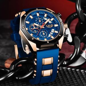 LIGE Đồng hồ đeo tay thạch anh silicon với lịch chronograph chống nước thời trang thể thao mới cho nam + hộp