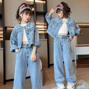 Spring Autumn Girls Clothing Set Jacket & Pants Outfits for Teen 6 8 12 Year Kids Clothes School Childrens Raw Edge Denim Suits
