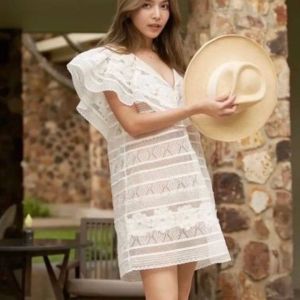 P010-174 PIMNADACLOSET - Sleeveless V Collar Button Down Woven Lace Shirt Dress