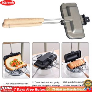 【Ready】【Vktech】Double-Sided Breakfast Skillet Double Sided Sandwich Pan Non Stick Foldable Grill Frying Pan for Bread Toast Breakfast Machine Pancake Maker BBQ Cheese