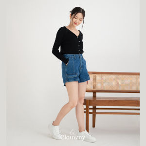 Clouwny Plush Pocket Short Denim Celana Jeans Pendek Wanita Korean Look