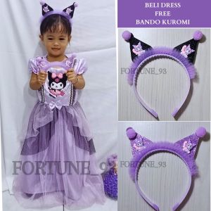 FREE BANDO KKUROMI  Dress kuromi anak perempuan import korean style usia 3 - 8 tahun gaun kuromi anak viralbaju ulang tahun gaun pesta princess anak lengan pendek baju dress tutu frozen gaun ulang tahun dress barbie / set kuromi anak - COD