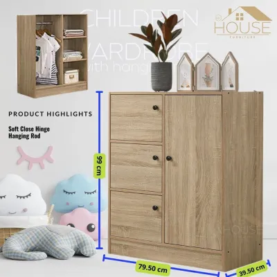 MYHOUSE Furniture Children Wardrobe Cabinet 5 Door Almari Baju Kanak Kanak murah Storage Cabinet with Hanging Rod Oak Bedroom Furniture Cloth Cabinet Bilik Tidur Rak Baju budak soft close hinge Light Brown Color