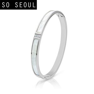 SO SEOUL Claire Mother of Pearl Encrusted with Austrian Crystal Rhodium/Rose Gold Side Hinged Bangle