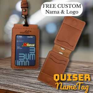 Name Tag Holder Kulit Aslii FREE Custom Nama & Logo - Id Card Magnet 3 Slot Kartu Quiser Nametag