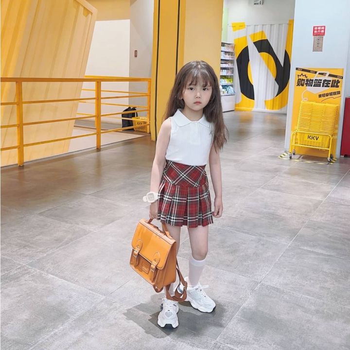 街舞服装 Kids Girls Checkered Pleated Skirt with Safety Pants JK