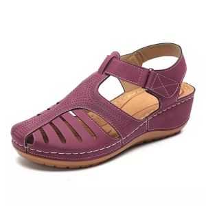 [Free Shipping] WomenS Wedge Sandals Summer Round-Toe Retro Style With Decorative Stitching Non-Slip And Featuring A Perforated Design Available In Large Sizes
