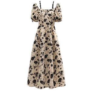 🦋 VEVE Women Small Dress Square Neck Puff Sleeve Sweet Bow Tie Dress formal white dresses for graduation