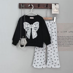 Bear Leader Autumn Bow Print Girls Clothes Black Long Sleeved Top+Gray Pants Two-piece Set Childrens Fashionable Casual Wear