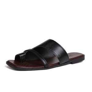 YOTO Neutral Colors Slip On Toe Loop Slippers Flat Slipper Casual Leather Made Flat Sandals for Women