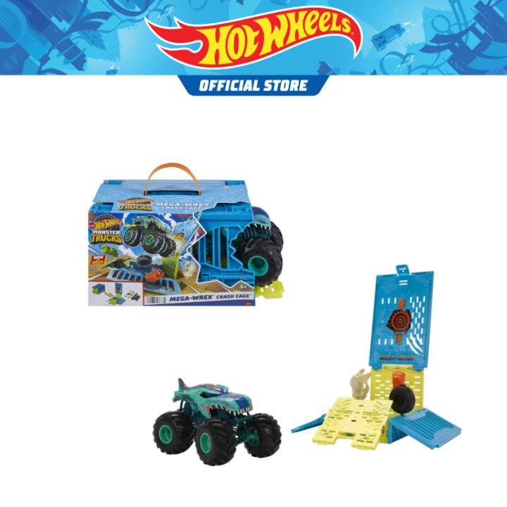 Hot Wheels Monster Trucks 1:24 Mega-Wrex Oversized Crash Cage, Transforms Into Stunting Area, with 1 Oversized Mega Wrex, 4 Crushable Accessories