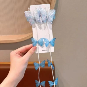 2Pcs Children Kids Fairy Butterfly Pearl Tassel Pearl Butterfly Braided Hair Chain Hair Clip Hair Accessory