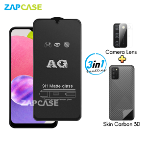 Samsung A03s PAKET 3in1 Tempered Glass Anti Glare Free Camera Lens dan Skin Carbon