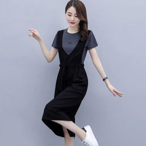 Womens Dress Summer Loose Round Neck Fake Two Piece Dress Casual Medium Long Dress