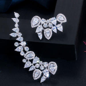 SEQUITO New Unique Yellow Gold Plated Full Pave Bling Multi Color AAA Cubic Zircon Asymmetric Clip on Ear Stud Earrings for Women Evening Prom Party Trendy Jewelry SE667