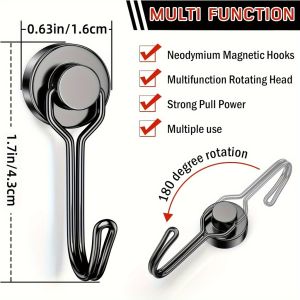 4PCS Heavy Duty Neodymium Magnetic Hooks 360 Degree Swivel Hanging Hooks No Drill Magnet Hook for Refrigerator Kitchen Garage Tool Storage