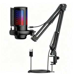 USB Gaming Microphone For PC Condenser Recording Rgb Mic With Boom Arm With Touch Mute RGB Lighting Gain Knob