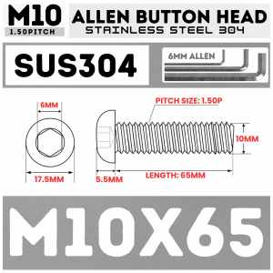 10PCS 10MM ( M10 x 1.50P ) Stainless 304 Allen Button / Socket Head / RoundHead Screw Bolt Head SS304 - AIRBOLTS