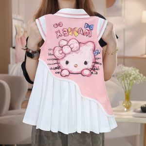 Christmas gifts Halloween Anime Sanrio Hello Kitty Girls Dress Kawaii Sleeveless T Shirt Pleated Skirt  Jk College Style Cartoon Comfort Casual Set