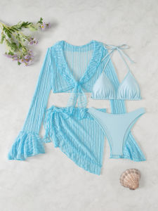 2026 New European and American style solid color mesh long-sleeve cover-up swimsuit beach bikini two-piece swimsuit womens four-piece set