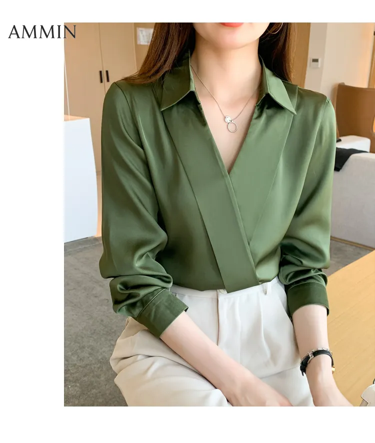 AMII Minimalism Chiffon Blouse Women 2022 Autumn Elegant Solid V-neck  Vintage Korean Style Lantern Sleeve Clothing Tops 12230074