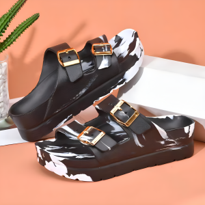 LANGBOONE Korea style thick bottom plain brown two slides fashion strap slipper for women Flip Flops Sandal