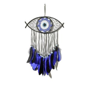 LABAICAI Thủ công Bùa bắt giấc mơ Hài Hước Lông vũ màu xanh Treo Tường macrame Nghệ thuật treo tường Sáng Tạo Vòng bắt giấc mơ mắt ác Phòng khách