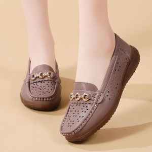 2025 Spring/Summer New WomenS Genuine Leather Casual Loafers With Metal Buckle Slip-On Soft Sole Plus Size Mom Shoes