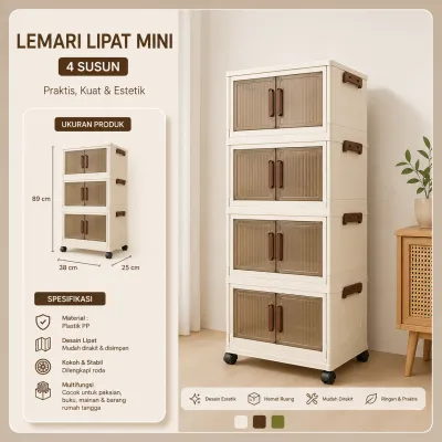 Lemari Lipat Mini Plastik PP Premium Rak Penyimpanan Serbaguna Organizer Baju Mainan Buku Anti Debu Dengan Roda