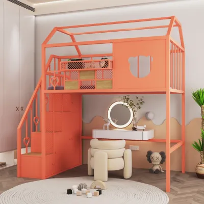 Childrens elevated bed small apartment single upper floor duplex second floor bed modern simple dormitory bunk iron frame bed customization